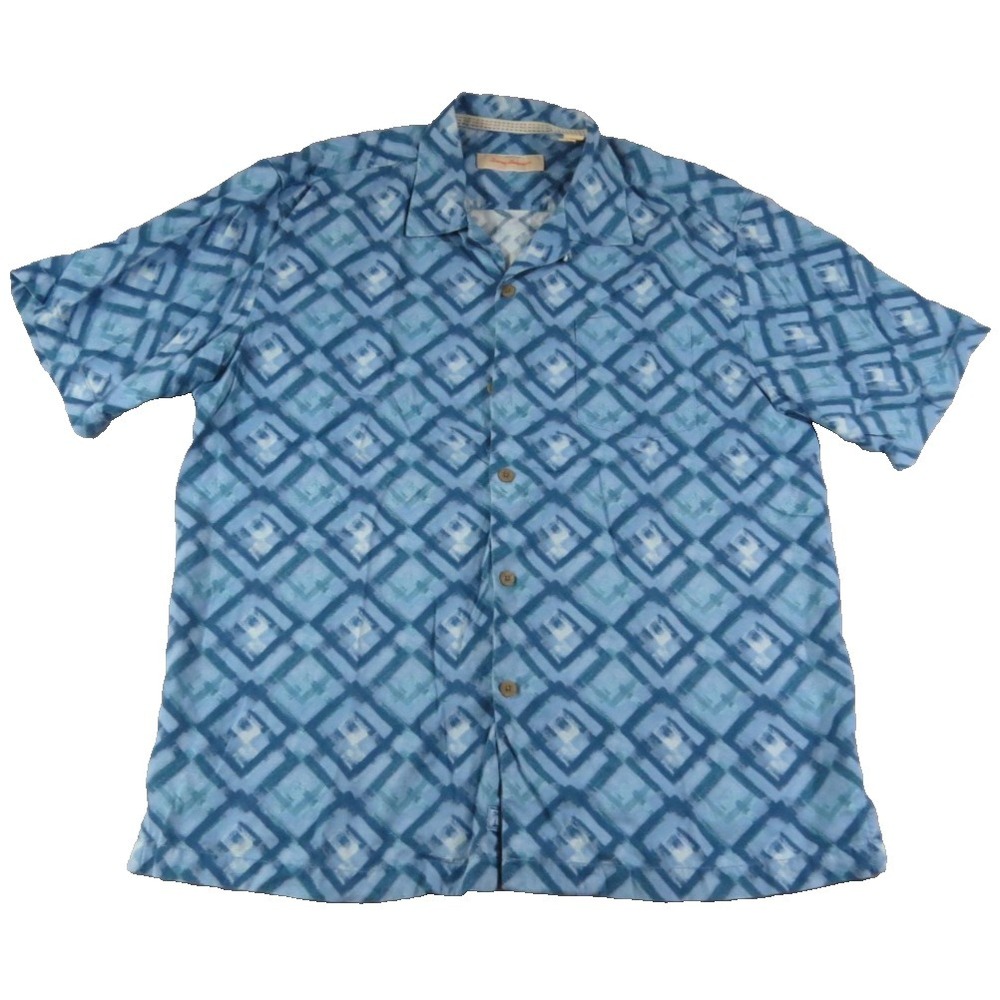 Tommy Bahama Men L Blue Geometric Diamond 100% Silk Short Sleeve Aloha Lux Shirt